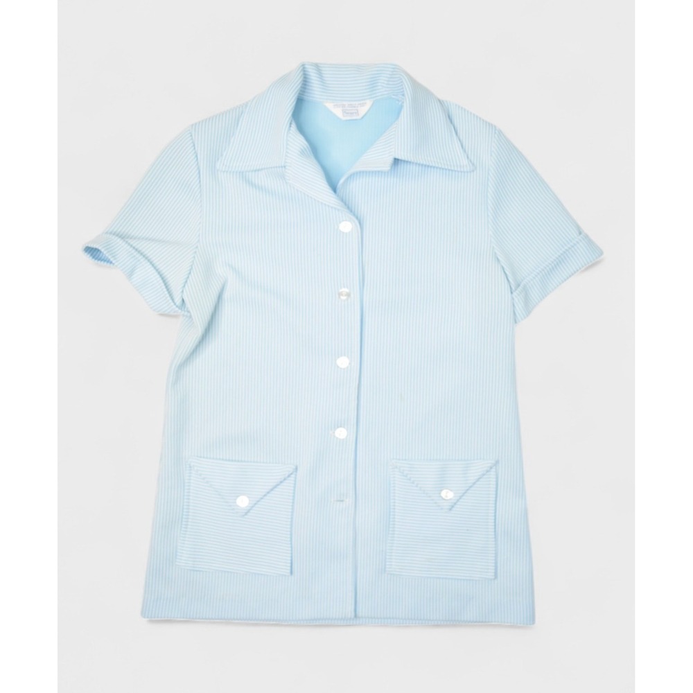 Vintage Sears Top Womens Small Blue Striped Button Up Shirt Collared Mod 70s